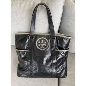 Tory Burch Women's Black Leather Tote Bag with Snakeskin Trim